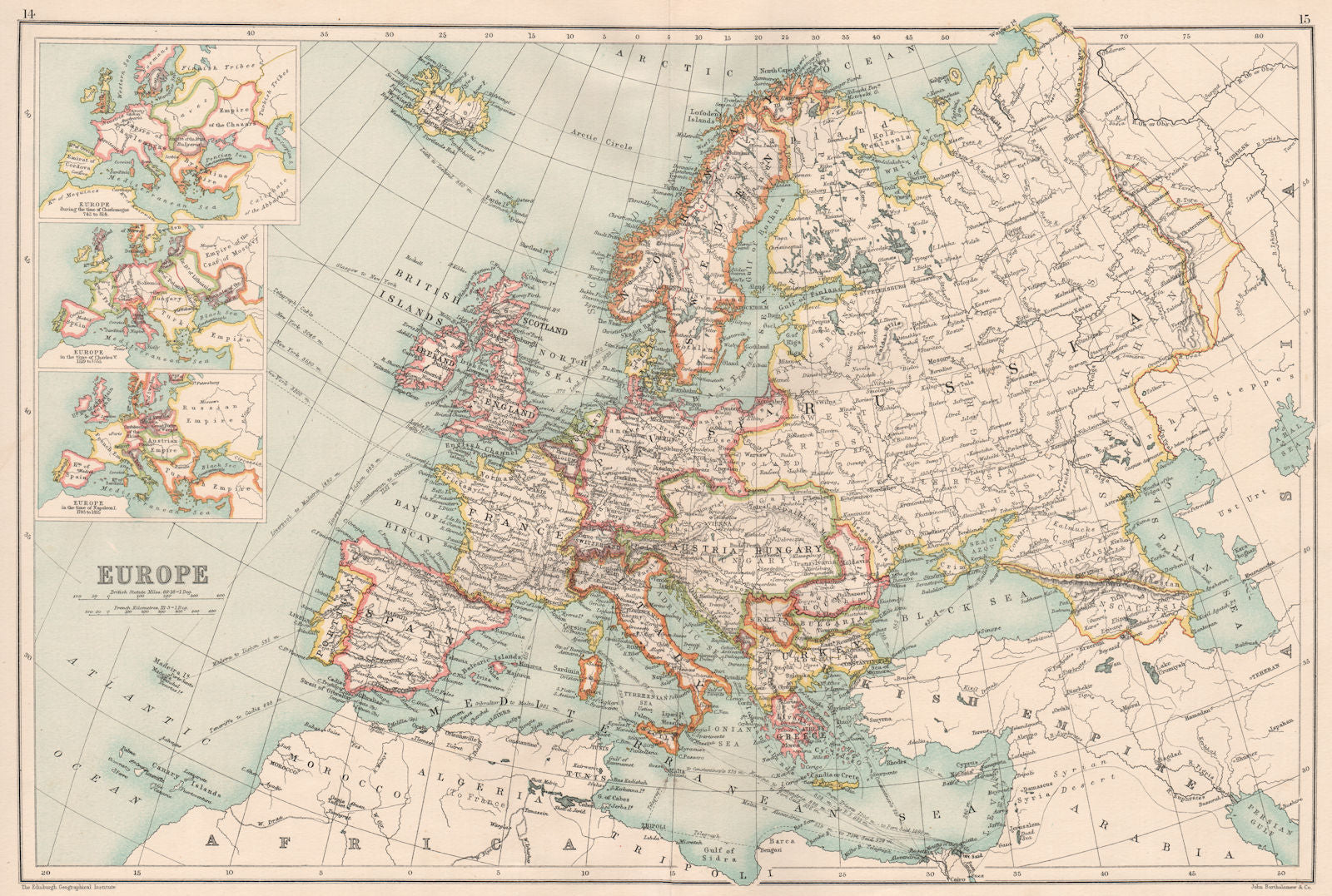 EUROPE. Inset in the time of Charlemagne, Charles V (16C) & Napoleon 1891 map